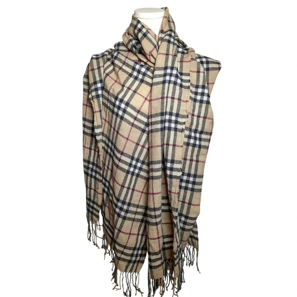 Burberry 100% Cashmere Large Shawl Blanket Scarf Nova Check Tan Oversized Fringe